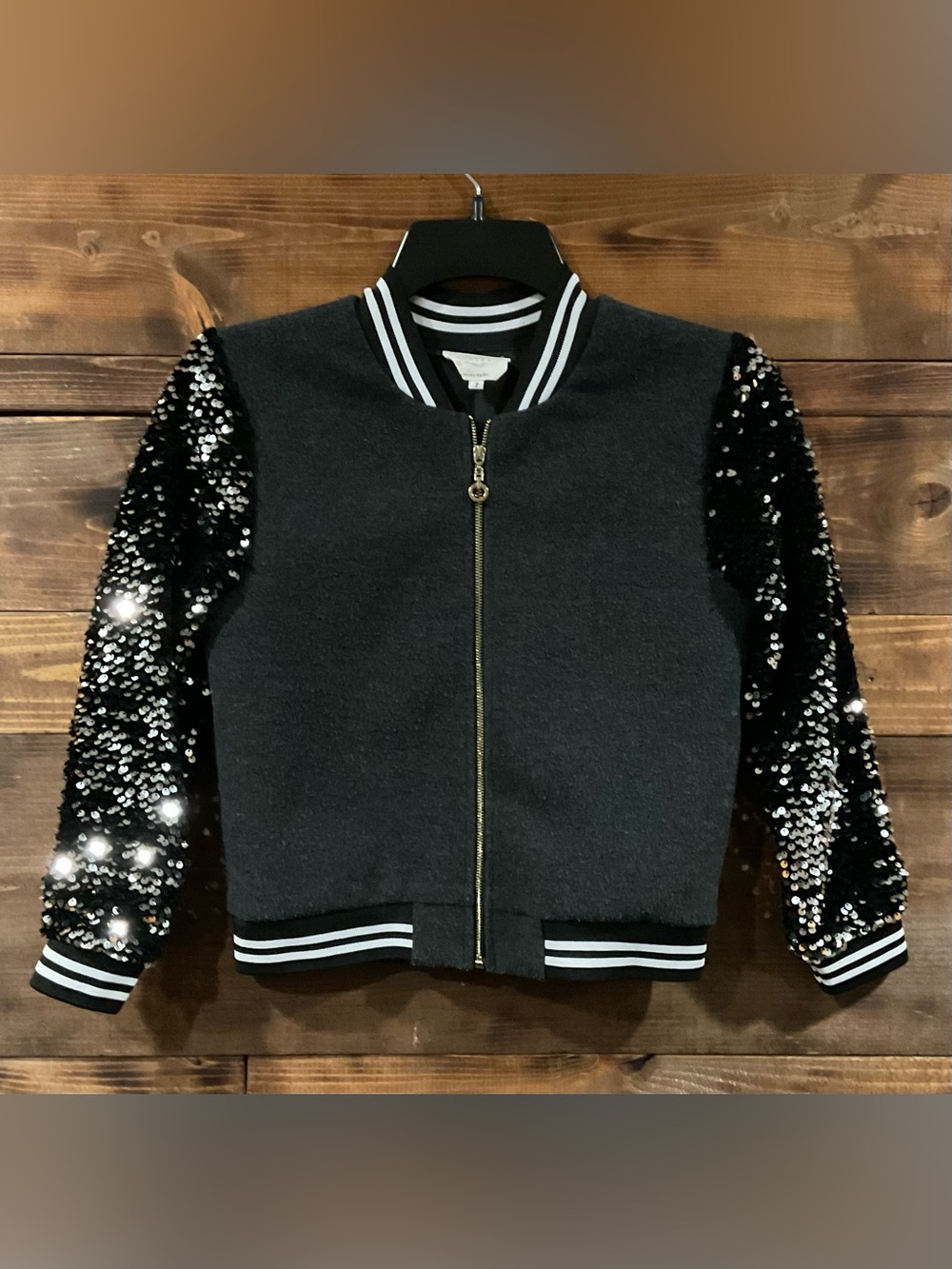 Neiman Marcus HANNAH BANANA Varsity JACKET GIRLS Grey Wool, Sequin & Roses Sz 7.